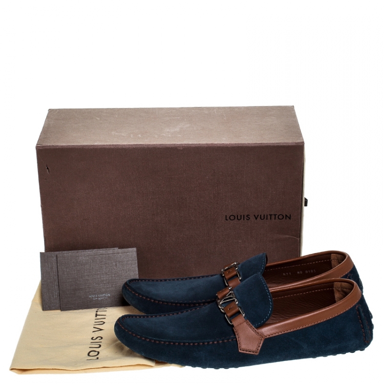 Pre Owned Louis Vuitton Navy Blue/ Brown Suede And Leather Hockenheim Loafers Size 45