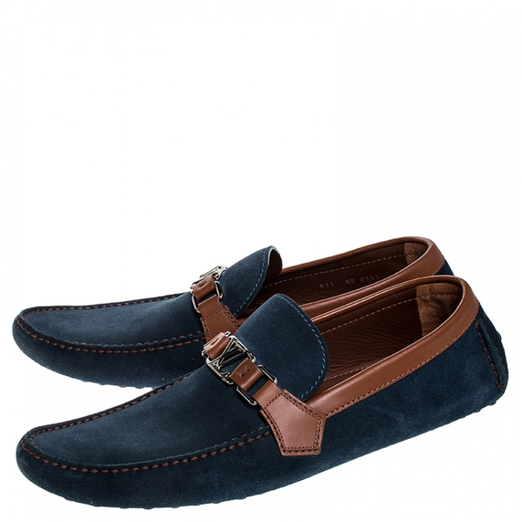 Pre Owned Louis Vuitton Navy Blue/ Brown Suede And Leather Hockenheim Loafers Size 45