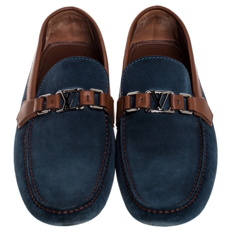 Pre Owned Louis Vuitton Navy Blue/ Brown Suede And Leather Hockenheim Loafers Size 45