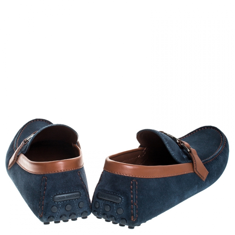 Pre Owned Louis Vuitton Navy Blue/ Brown Suede And Leather Hockenheim Loafers Size 45
