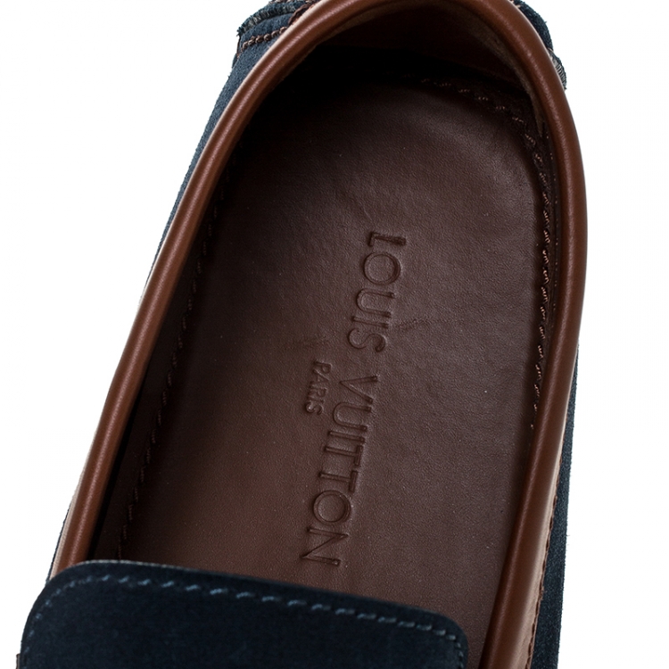 Pre Owned Louis Vuitton Navy Blue/ Brown Suede And Leather Hockenheim Loafers Size 45