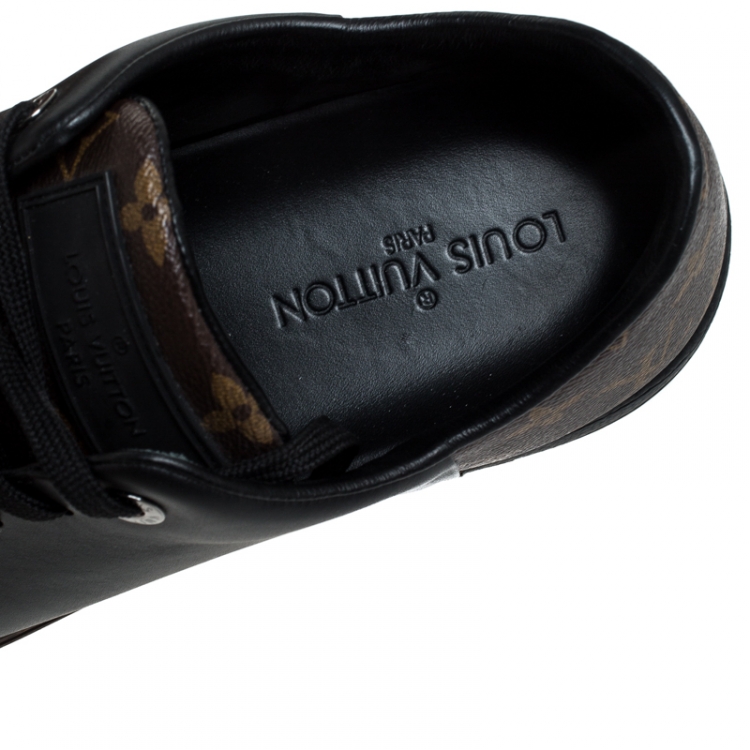 Pre Owned Louis Vuitton Brown Monogram Canvas and Black Leather Low Top Sneakers Size 43.5