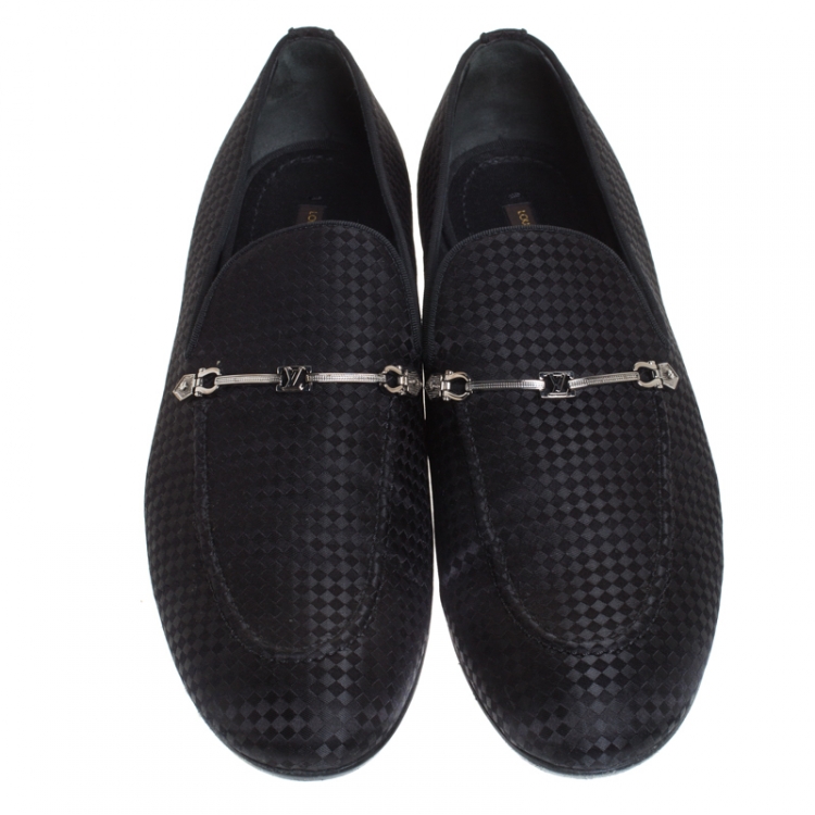 Pre Owned Louis Vuitton Black Satin Bank Slip On Loafers Size 43.5