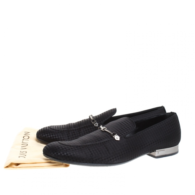 Pre Owned Louis Vuitton Black Satin Bank Slip On Loafers Size 43.5