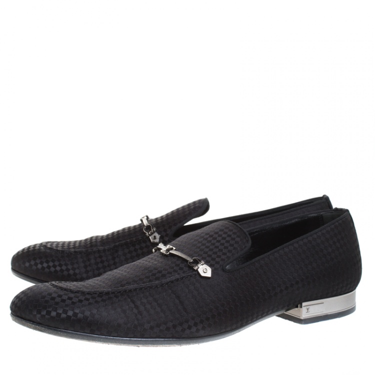Pre Owned Louis Vuitton Black Satin Bank Slip On Loafers Size 43.5