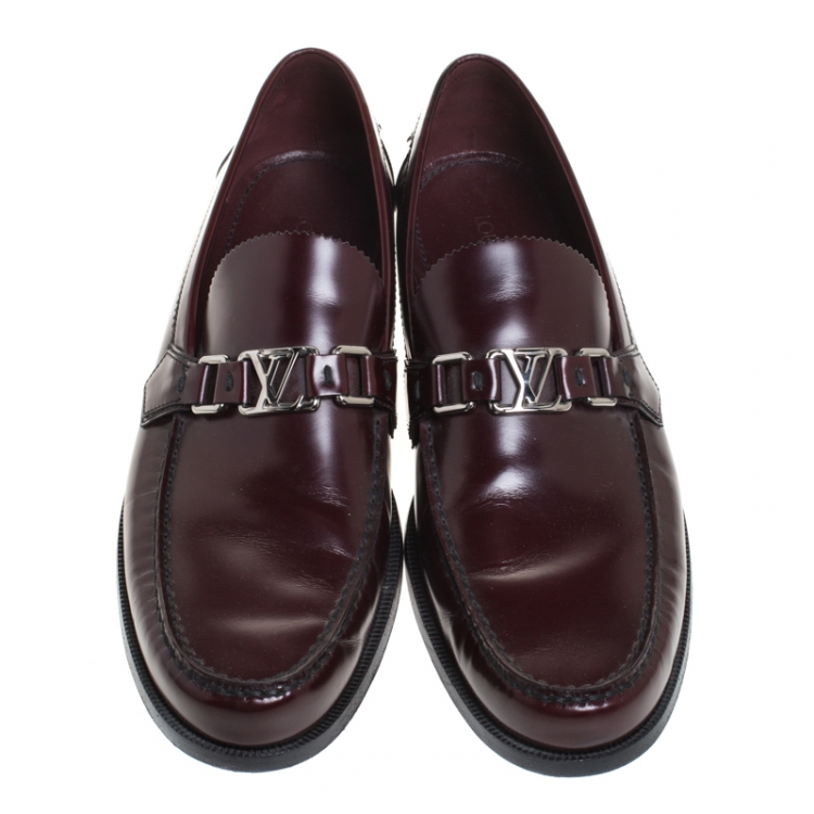 Pre Owned Louis Vuitton Burgundy Leather Loafers Size 44.5