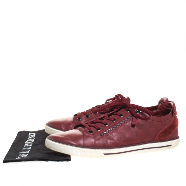 Pre Owned Louis Vuitton Red Damier Leather Low Top Lace Up Sneakers Size 44.5