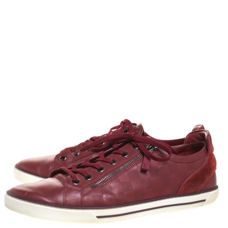 Pre Owned Louis Vuitton Red Damier Leather Low Top Lace Up Sneakers Size 44.5