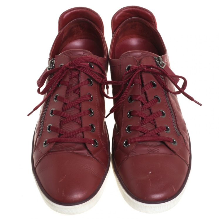 Pre Owned Louis Vuitton Red Damier Leather Low Top Lace Up Sneakers Size 44.5