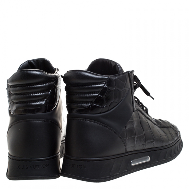 Pre Owned Louis Vuitton Black Croc Embossed Leather Lace High Top Sneakers Size 43