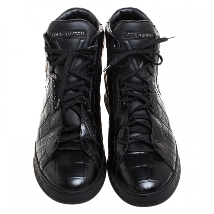 Pre Owned Louis Vuitton Black Croc Embossed Leather Lace High Top Sneakers Size 43
