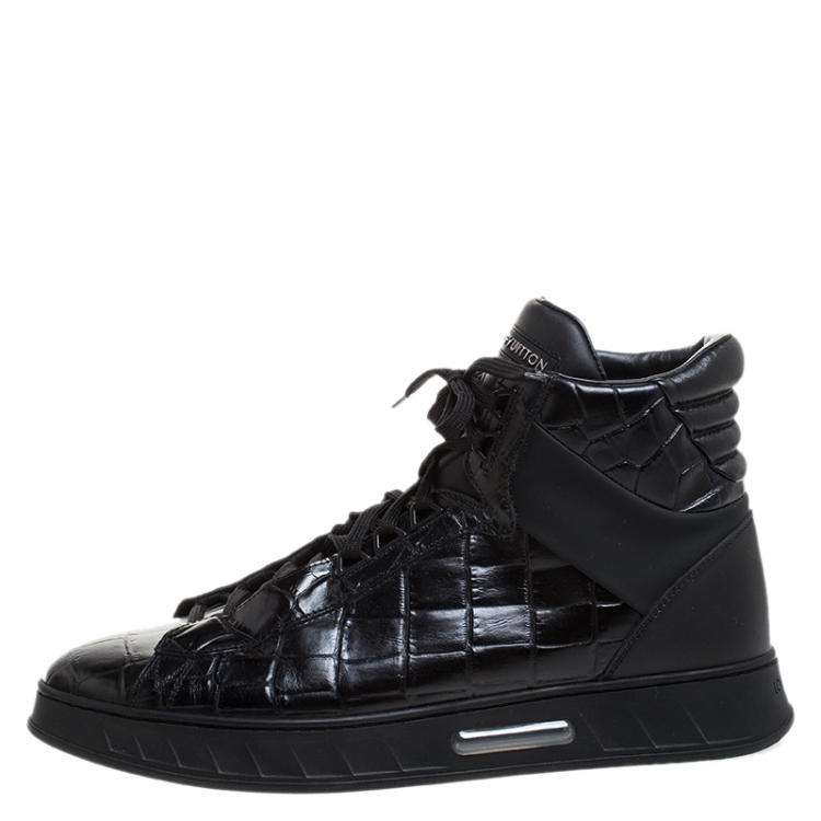 Pre Owned Louis Vuitton Black Croc Embossed Leather Lace High Top Sneakers Size 43