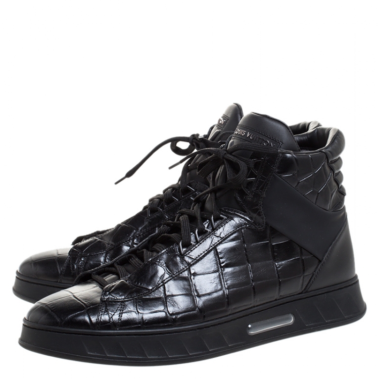 Pre Owned Louis Vuitton Black Croc Embossed Leather Lace High Top Sneakers Size 43