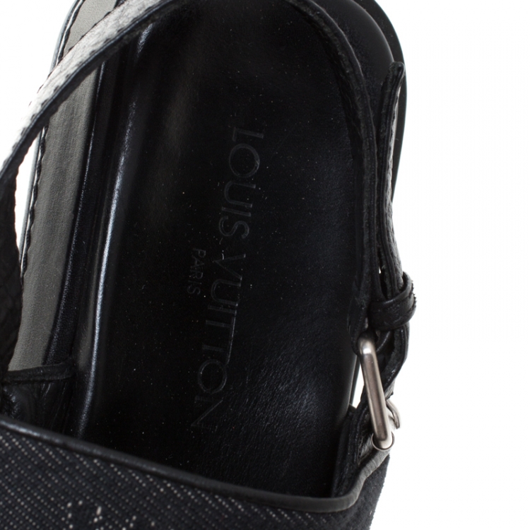 Pre Owned Louis Vuitton Black Denim Fabric And Leather Back Strap Sandals Size 42
