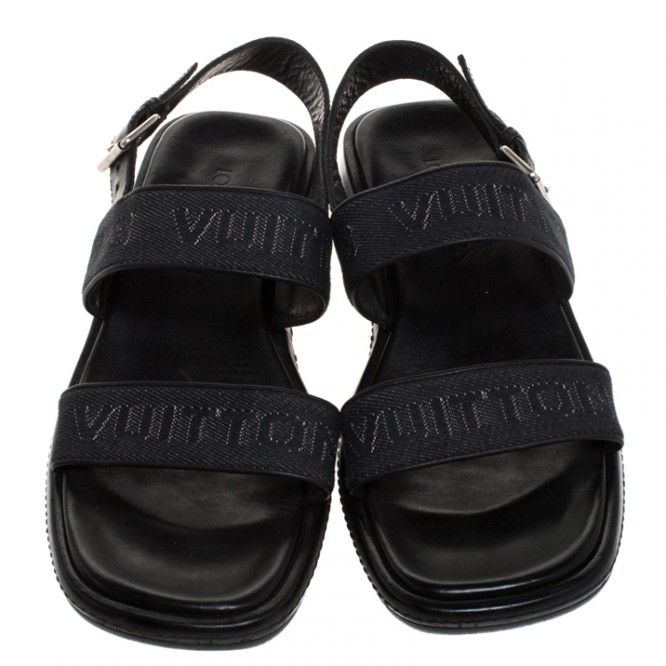 Pre Owned Louis Vuitton Black Denim Fabric And Leather Back Strap Sandals Size 42