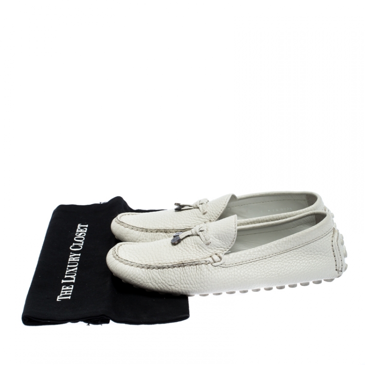 Pre Owned Louis Vuitton White Leather Logo Bow Loafers Size 41