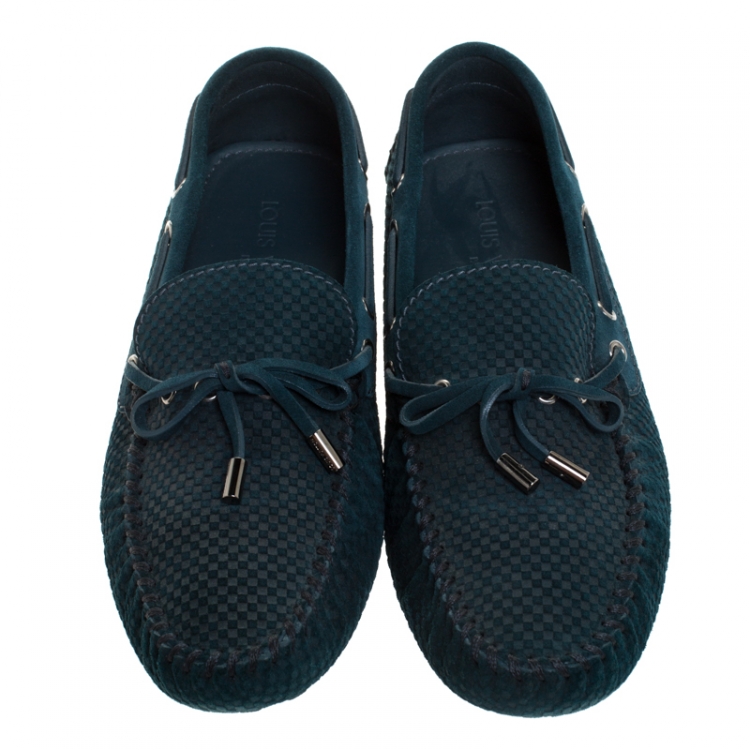 Pre Owned Louis Vuitton Green Suede Damier Ebene Check Monte Carlo Loafers Size 41.5
