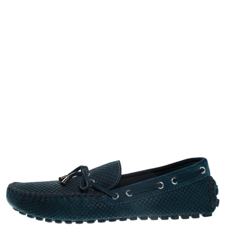 Pre Owned Louis Vuitton Green Suede Damier Ebene Check Monte Carlo Loafers Size 41.5