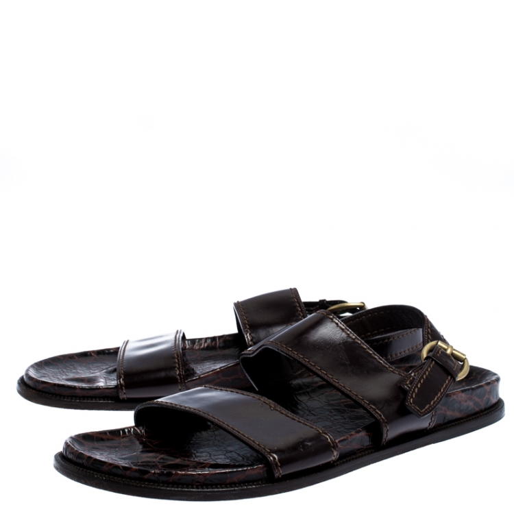 Pre Owned Louis Vuitton Brown Croc And Leather Flat Sandals Size 44.5