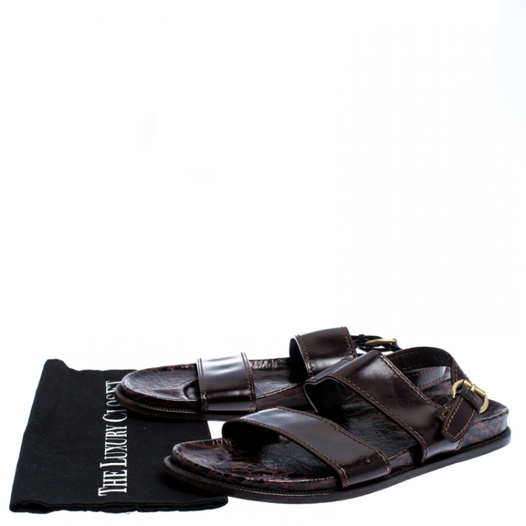 Pre Owned Louis Vuitton Brown Croc And Leather Flat Sandals Size 44.5
