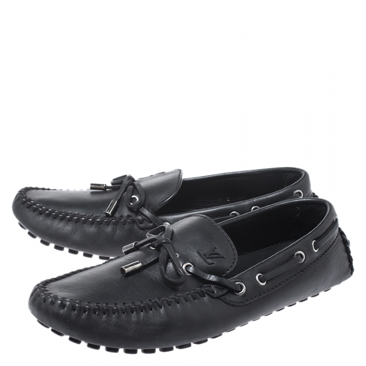 Pre Owned Louis Vuitton Black Leather Bow Slip On Loafers Size 42