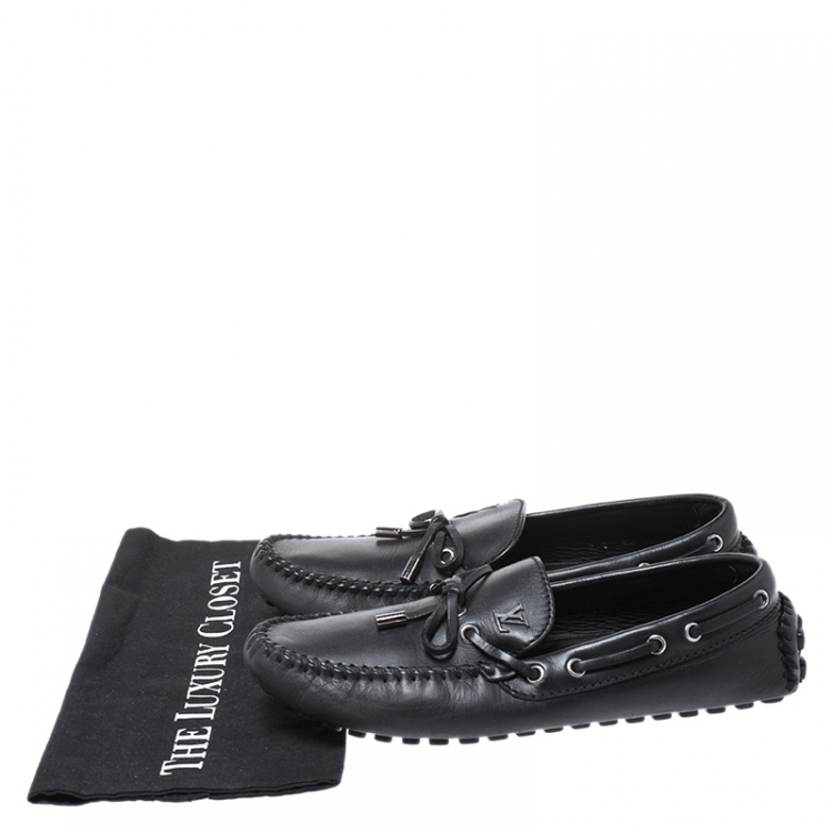 Pre Owned Louis Vuitton Black Leather Bow Slip On Loafers Size 42