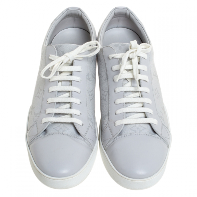 Pre Owned Louis Vuitton White/Grey Monogram Canvas and Leather Match Up Low Top Sneakers Size 45