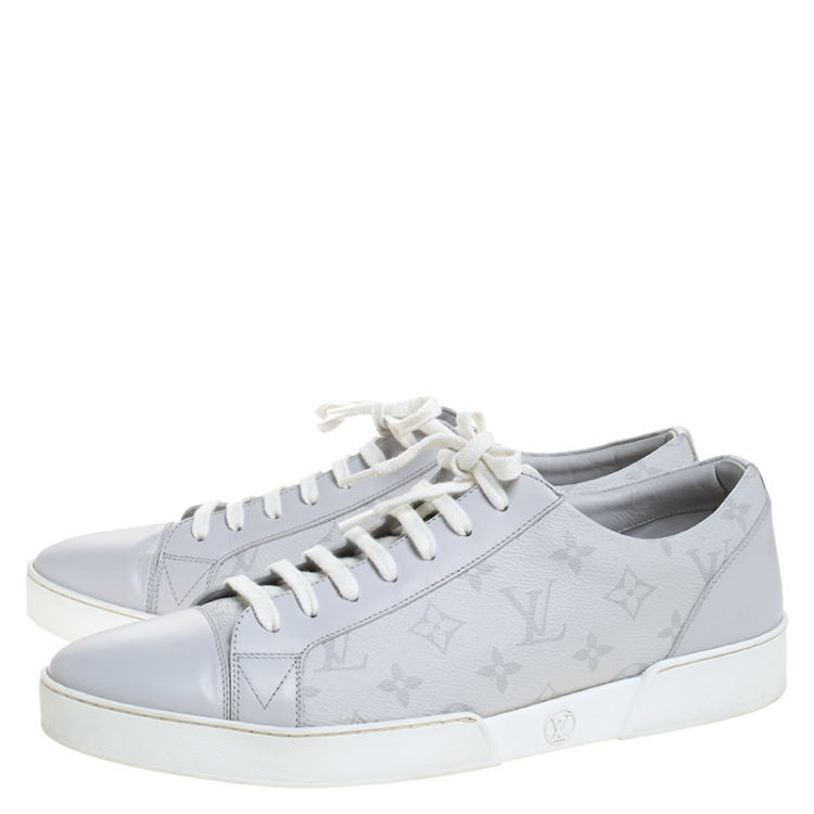 Pre Owned Louis Vuitton White/Grey Monogram Canvas and Leather Match Up Low Top Sneakers Size 45