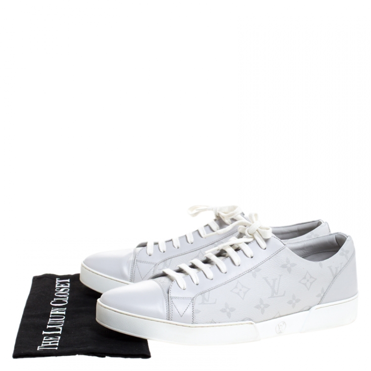 Pre Owned Louis Vuitton White/Grey Monogram Canvas and Leather Match Up Low Top Sneakers Size 45