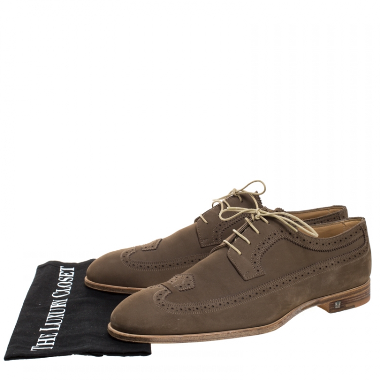 Pre Owned Louis Vuitton Olive Green Brogue Nubuck Derby Size 42.5