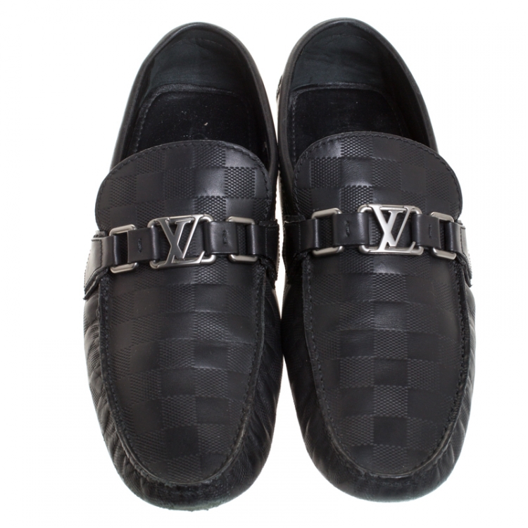 Pre Owned Louis Vuitton Black Leather Damier Infini Hockenheim Moccasin Size 42.5