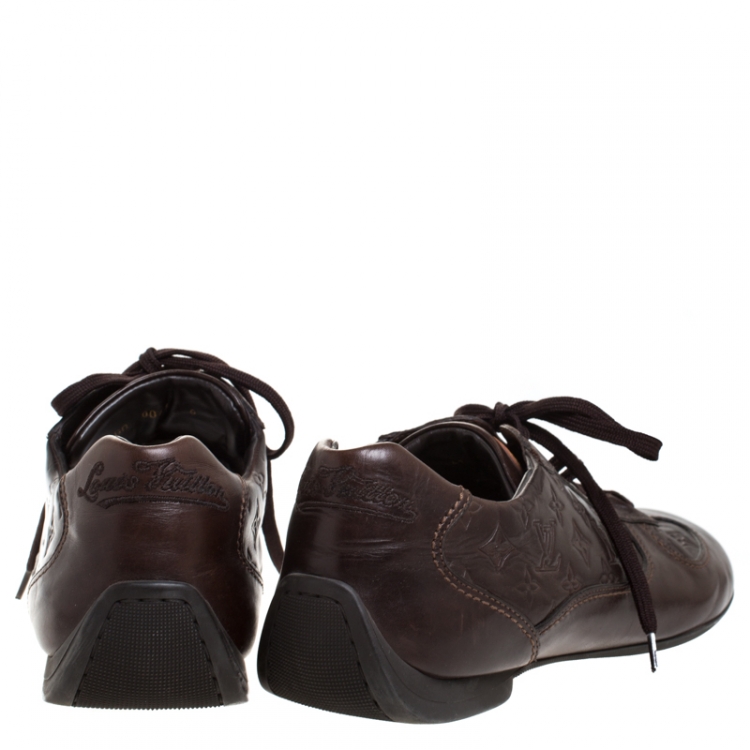 Pre Owned Louis Vuitton Brown Monogram Embossed Leather Lace Up Sneakers Size 43