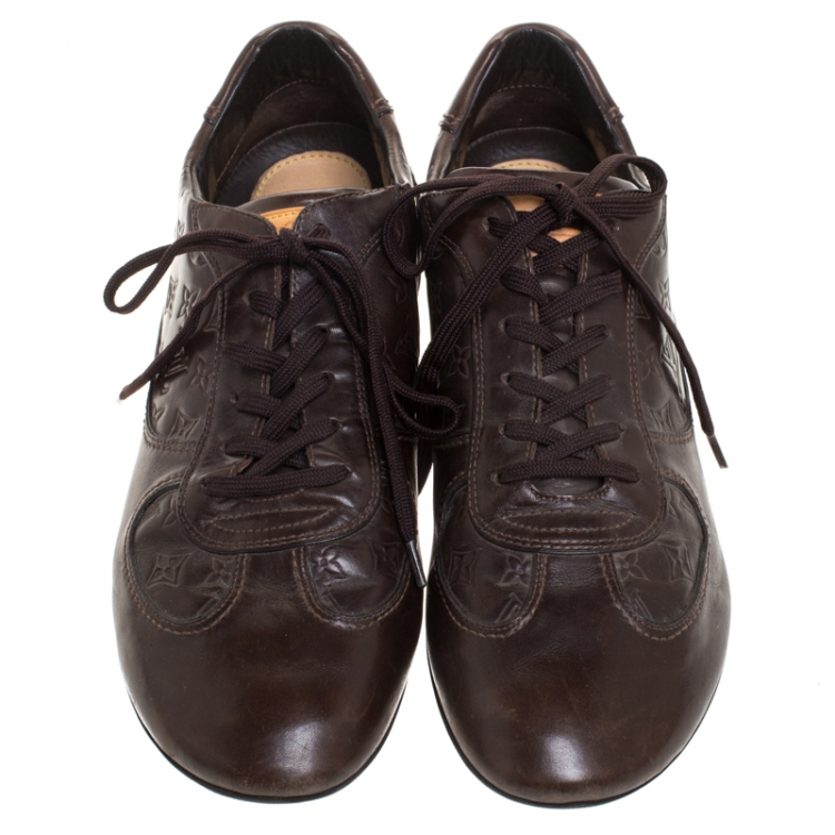 Pre Owned Louis Vuitton Brown Monogram Embossed Leather Lace Up Sneakers Size 43