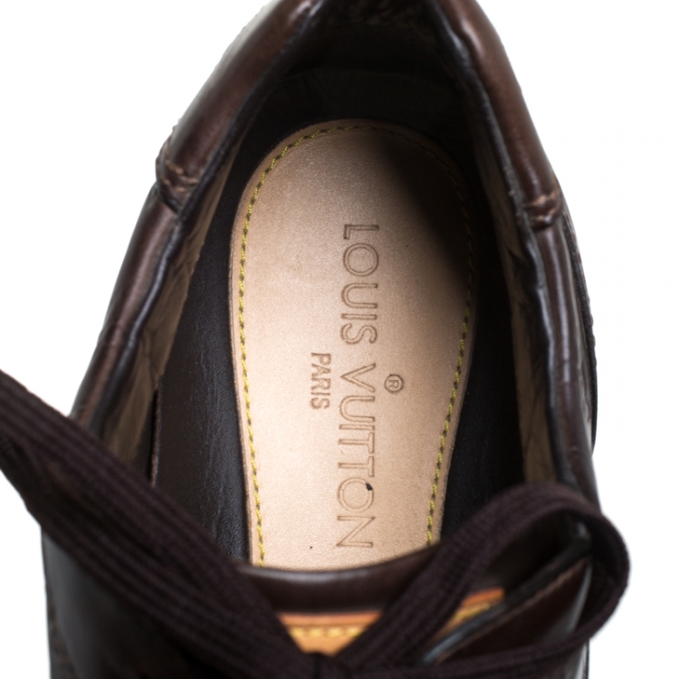 Pre Owned Louis Vuitton Brown Monogram Embossed Leather Lace Up Sneakers Size 43