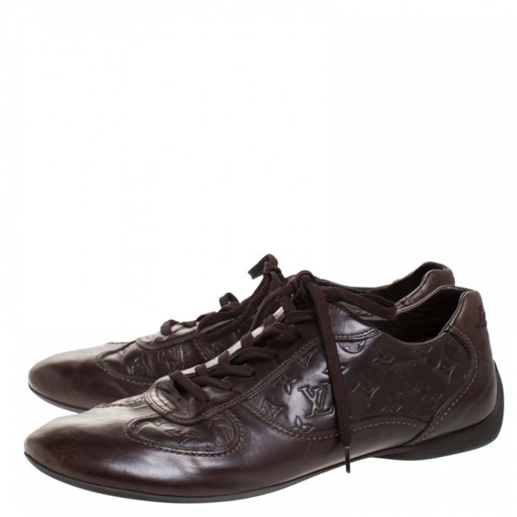 Pre Owned Louis Vuitton Brown Monogram Embossed Leather Lace Up Sneakers Size 43