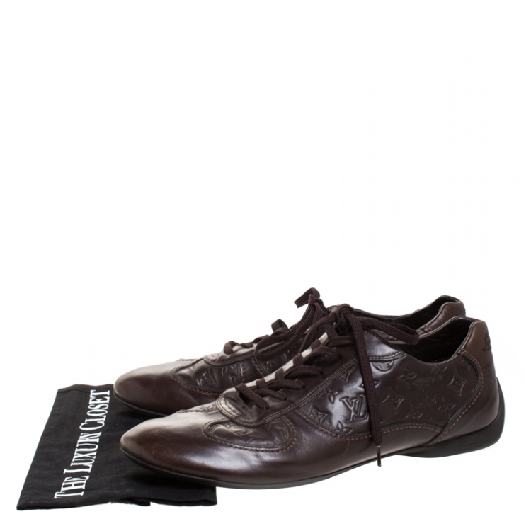 Pre Owned Louis Vuitton Brown Monogram Embossed Leather Lace Up Sneakers Size 43