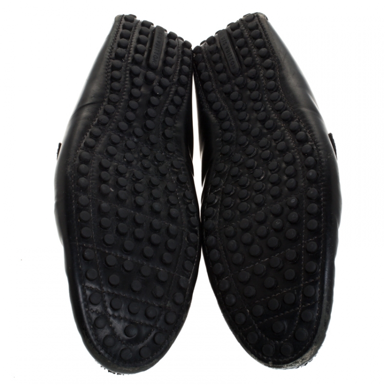 Pre Owned Louis Vuitton Black Leather Logo Detail Slip On Loafers Size 44