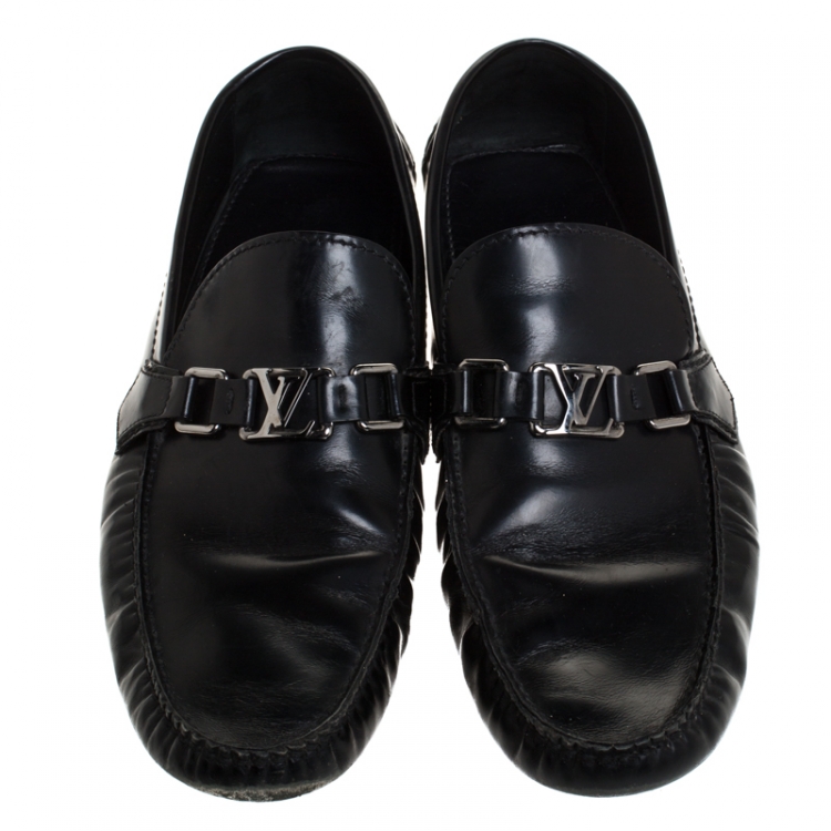 Pre Owned Louis Vuitton Black Leather Logo Detail Slip On Loafers Size 44