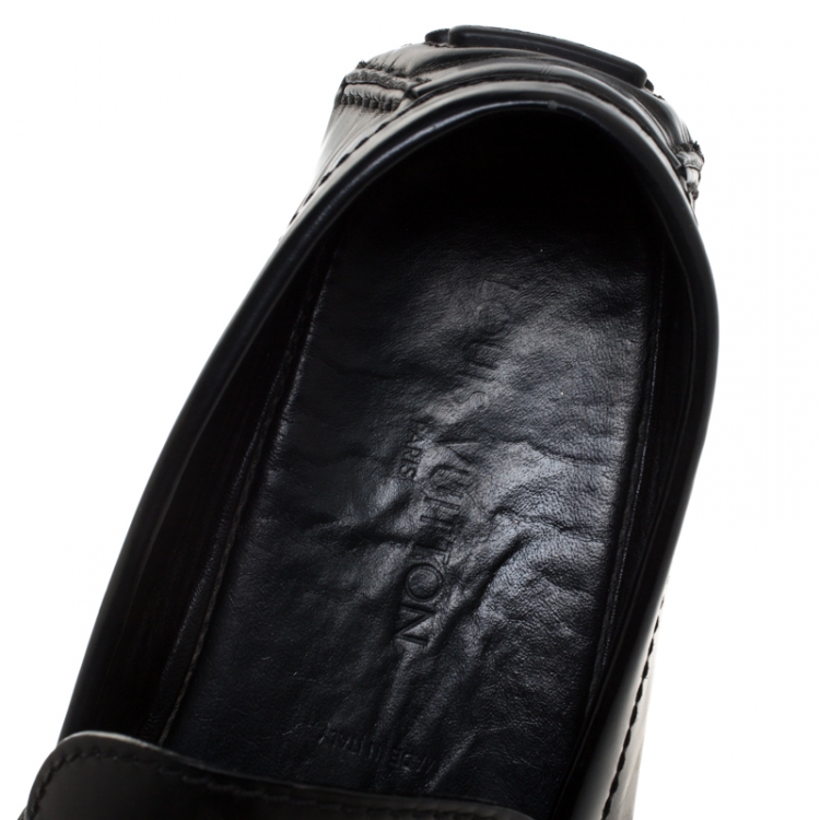 Pre Owned Louis Vuitton Black Leather Logo Detail Slip On Loafers Size 44