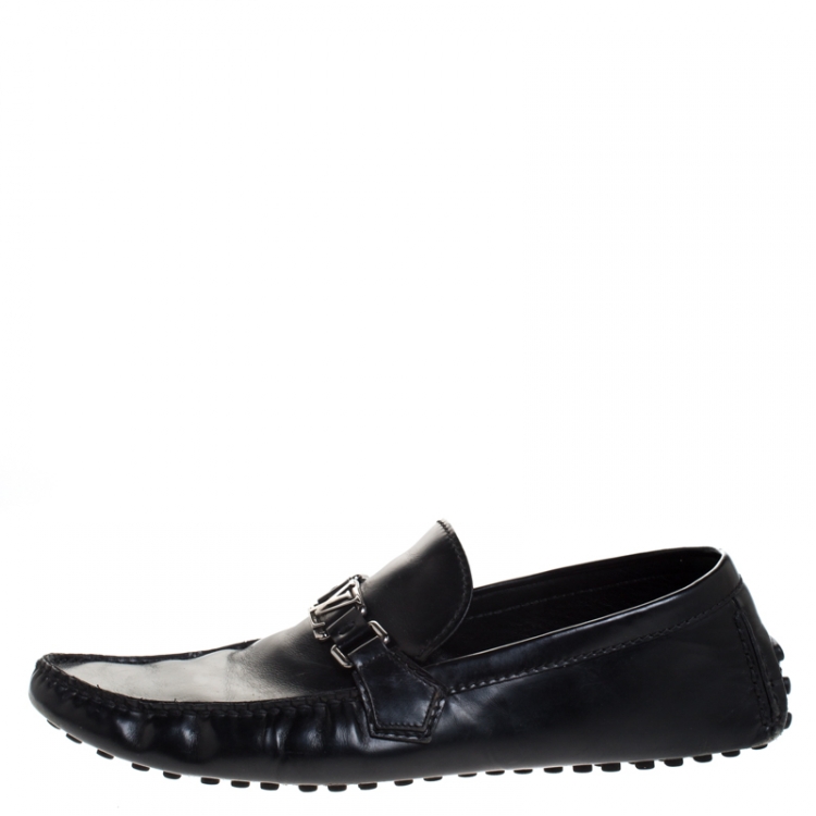Pre Owned Louis Vuitton Black Leather Logo Detail Slip On Loafers Size 44