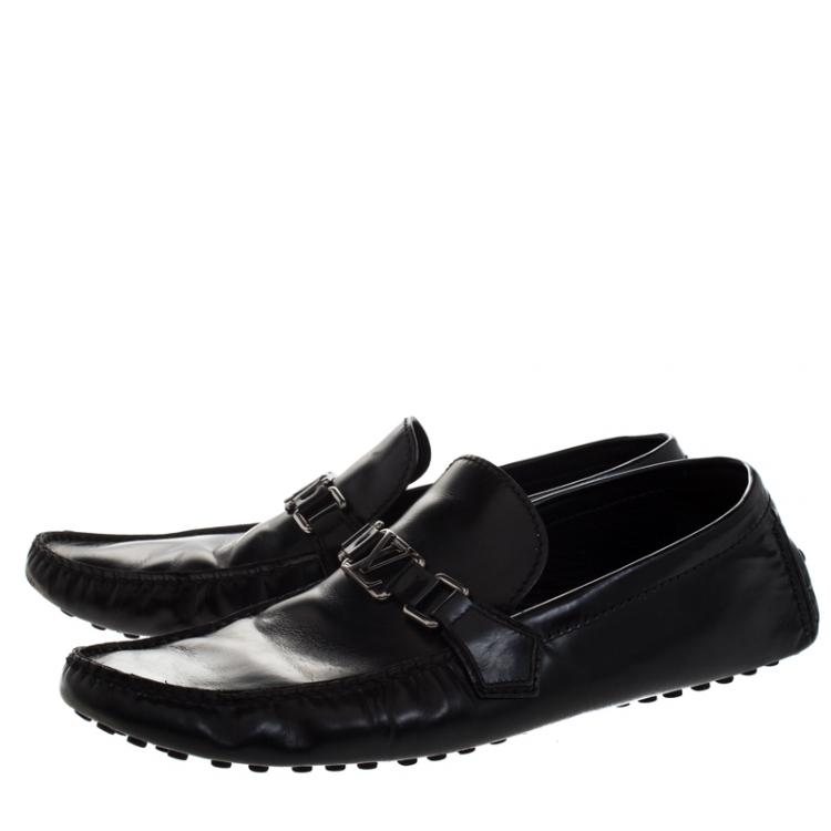 Pre Owned Louis Vuitton Black Leather Logo Detail Slip On Loafers Size 44
