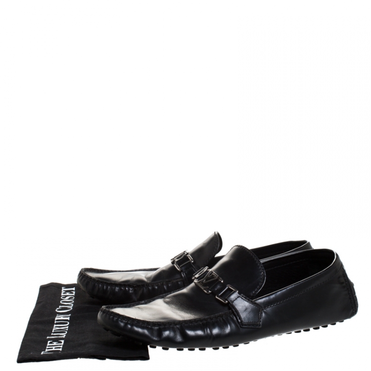 Pre Owned Louis Vuitton Black Leather Logo Detail Slip On Loafers Size 44