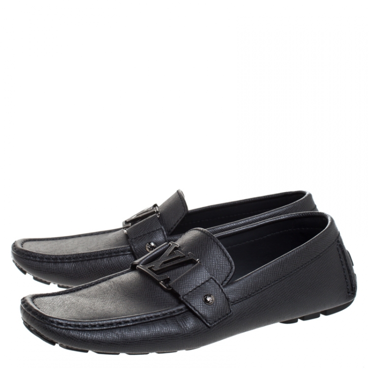 Pre Owned Louis Vuitton Dark Grey Textured Leather Slip On Monte Carlo Loafer Size 42