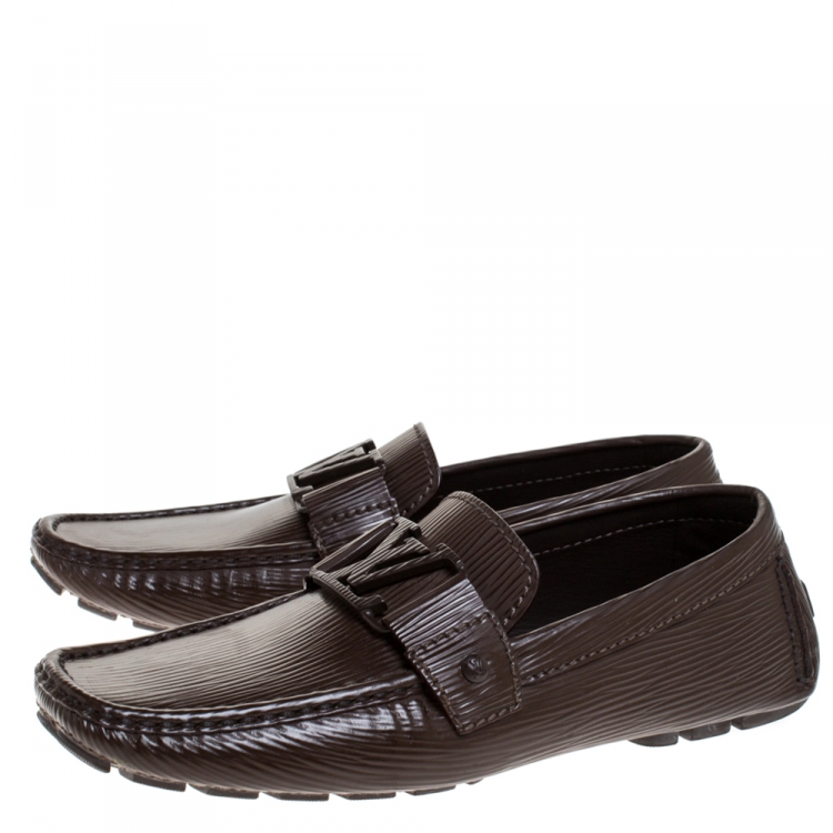 Pre Owned Louis Vuitton Brown Leather Logo Detail Slip On Loafers Size 40
