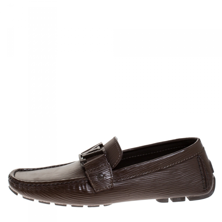 Pre Owned Louis Vuitton Brown Leather Logo Detail Slip On Loafers Size 40