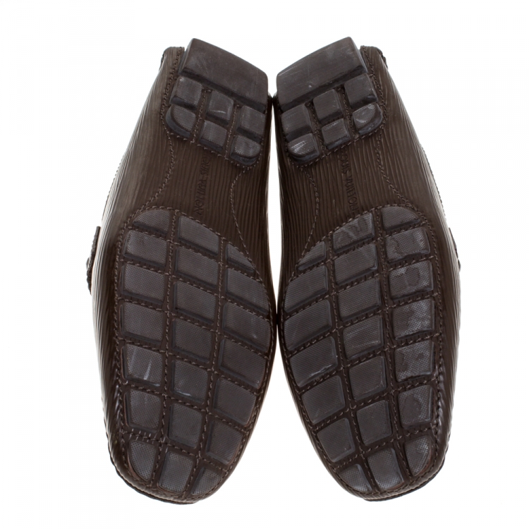 Pre Owned Louis Vuitton Brown Leather Logo Detail Slip On Loafers Size 40