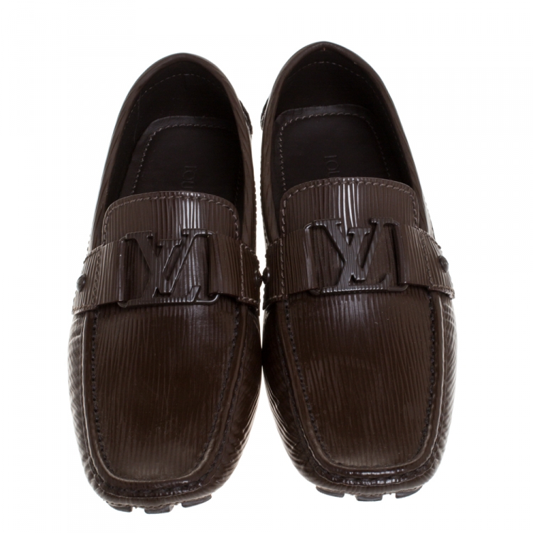 Pre Owned Louis Vuitton Brown Leather Logo Detail Slip On Loafers Size 40