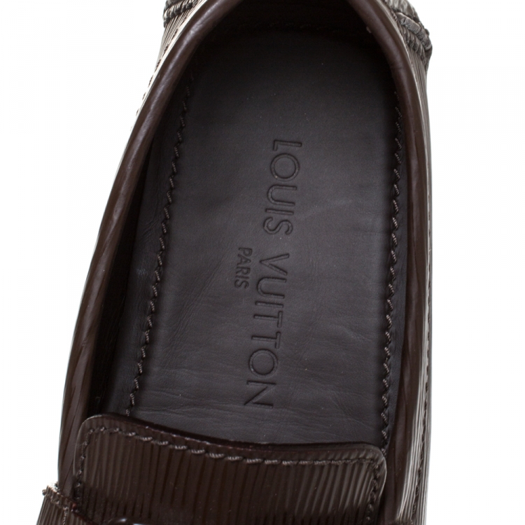 Pre Owned Louis Vuitton Brown Leather Logo Detail Slip On Loafers Size 40