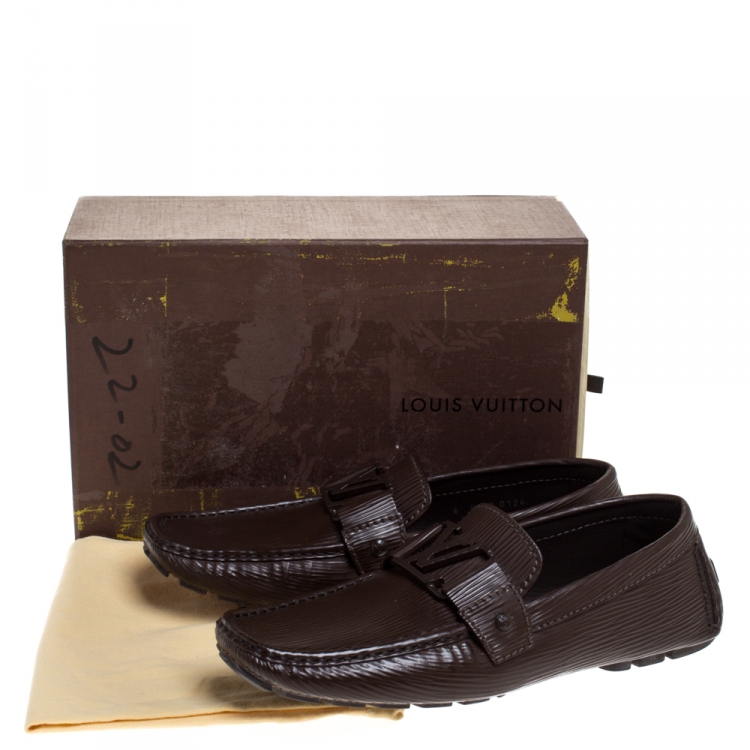 Pre Owned Louis Vuitton Brown Leather Logo Detail Slip On Loafers Size 40