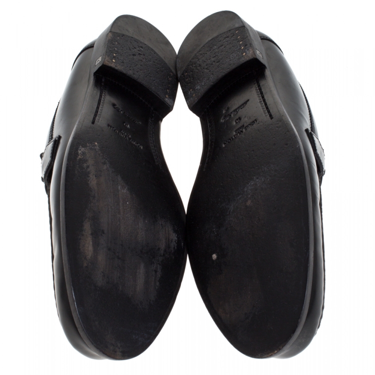 Pre Owned Louis Vuitton Black Leather Logo Detail Loafers Size 44